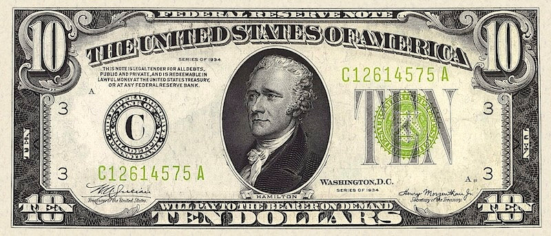 United States Federal Reserve banknote, $10 Dollars, 1934, Pick P-430, UNC