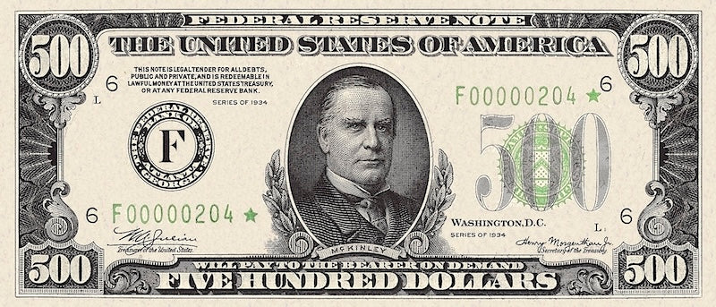 United States Federal Reserve banknote, $500 Dollars, 1934, Pick P-434, UNC