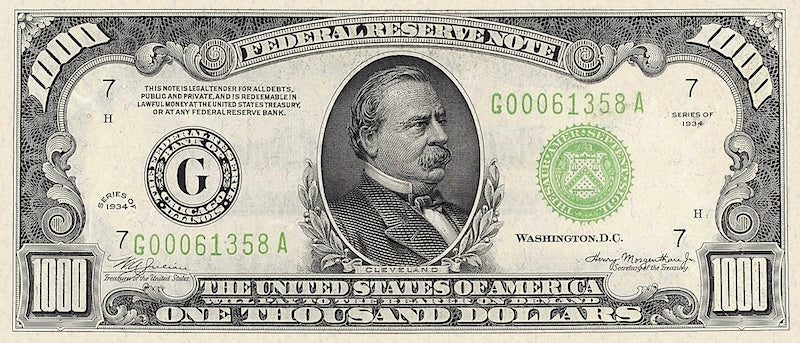 United States Federal Reserve banknote, $1000 Dollars, 1934, Pick P-435, UNC