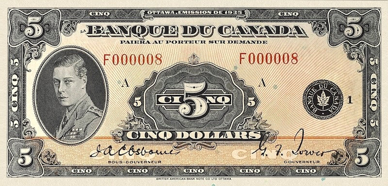 Canada banknotes, Banque du Canada French Series, $5 Dollars, 1935, Pick P-43, UNC