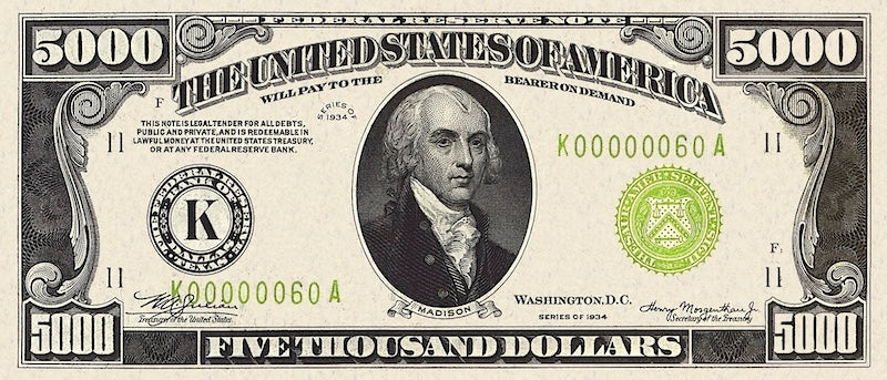 United States Federal Reserve banknote, $5000 Dollars, 1934, Pick P-436, UNC