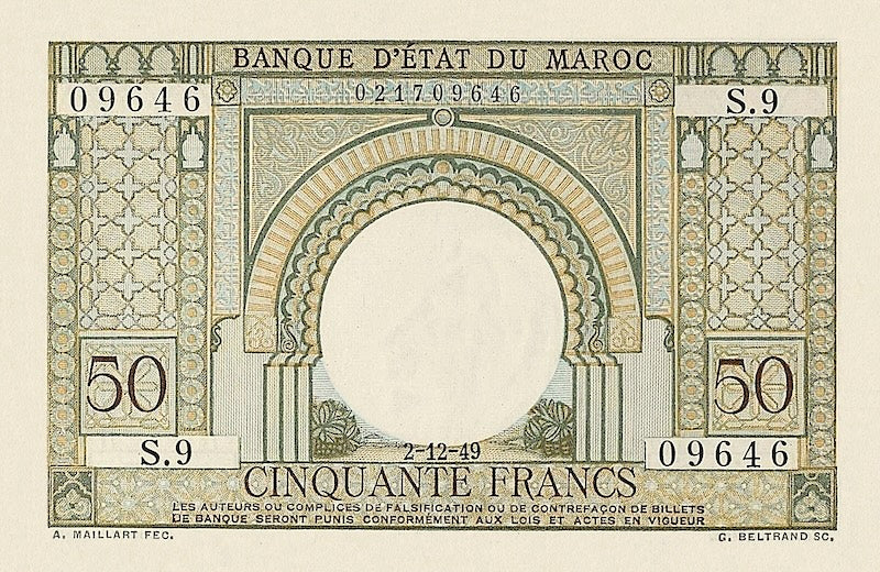Morocco banknote, Banque d'Etat Du Maroc, 50 Francs, 1948, Pick P-44, UNC