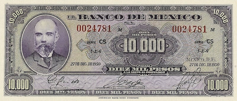 Mexico banknote, El Banco de Mexico, 10000 Pesos, Year 1943, Pick P-45, UNC