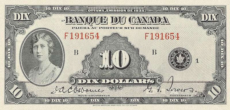 Canada banknotes, Banque du Canada French Series, $10 Dollars, 1935, Pick P-45, UNC