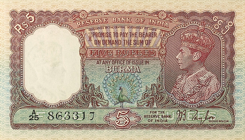 British Burma banknotes, KGVI, 5 Rupees, 1939, Pick P-4, UNC