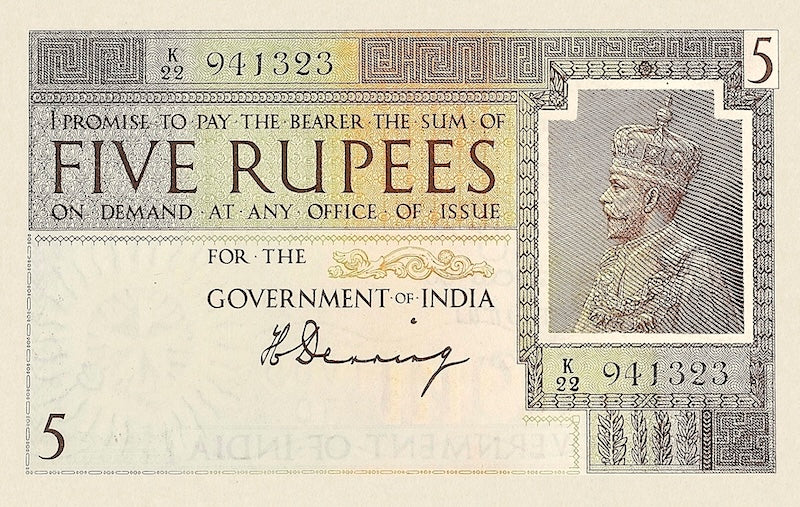 British India banknote, King George V, 5 Rupees, 1917, Pick P-4, UNC