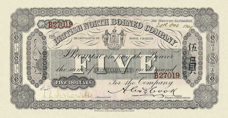 British North Borneo banknotes, $5 Dollars, 1886, Pick P-4, UNC