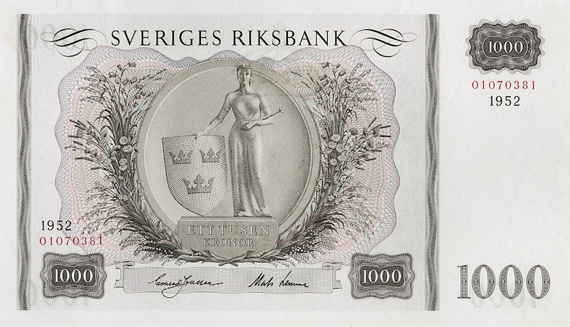 Sweden banknote, Sveriges Riksbank, 1000 Kronor, 1952, Pick P-46, UNC
