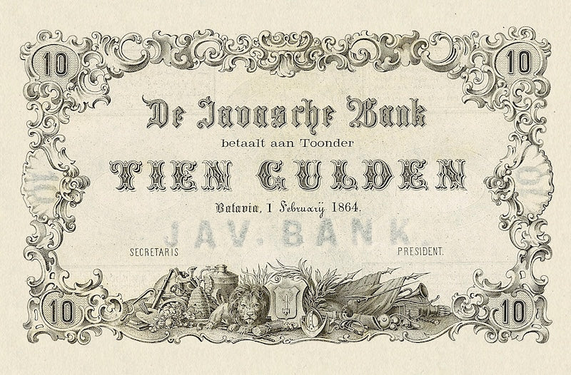 Netherlands Indies banknotes, Uang Kuno Belanda, 10 Gulden, Year 1864, P-46, UNC
