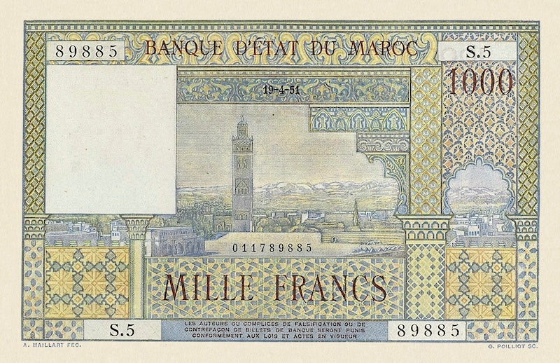 Morocco banknote, Banque d'Etat Du Maroc, 1000 Francs, 1948, Pick P-47, UNC