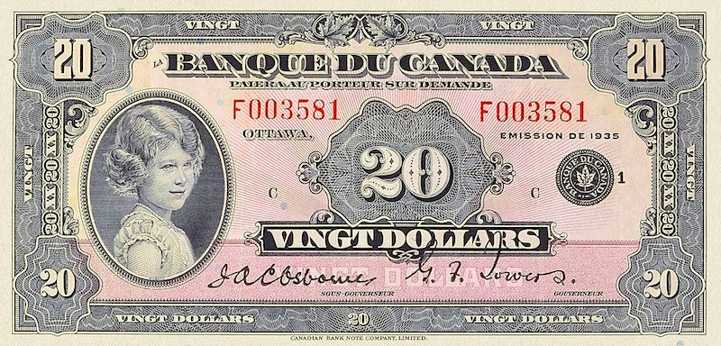 Canada banknotes, Banque du Canada French Series, $20 Dollars, 1935, Pick P-47, UNC