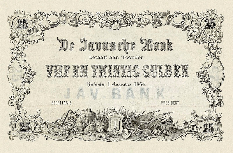 Netherlands Indies banknotes, Uang Kuno Belanda, 25 Gulden, Year 1864, P-47, UNC