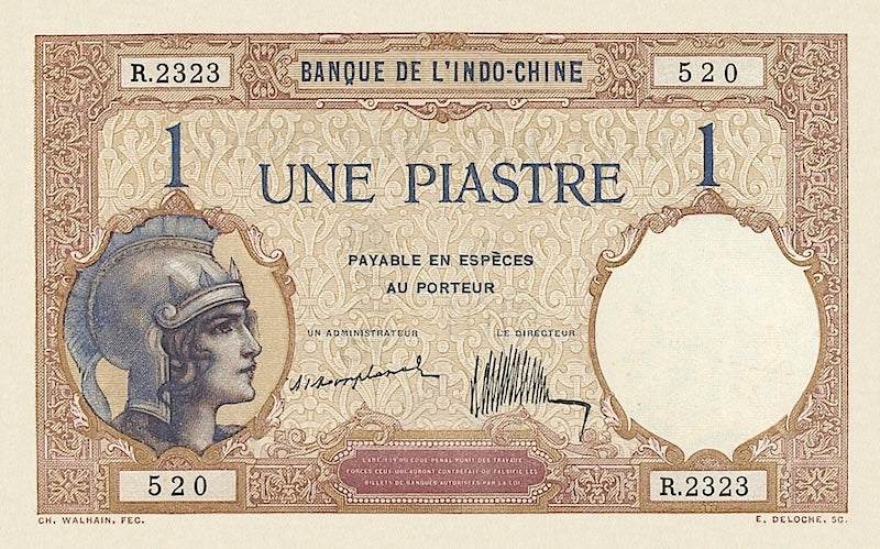 French Indo-China banknotes, Banque de l'Indochine, 1 Piastre, 1921, Pick P-48, UNC