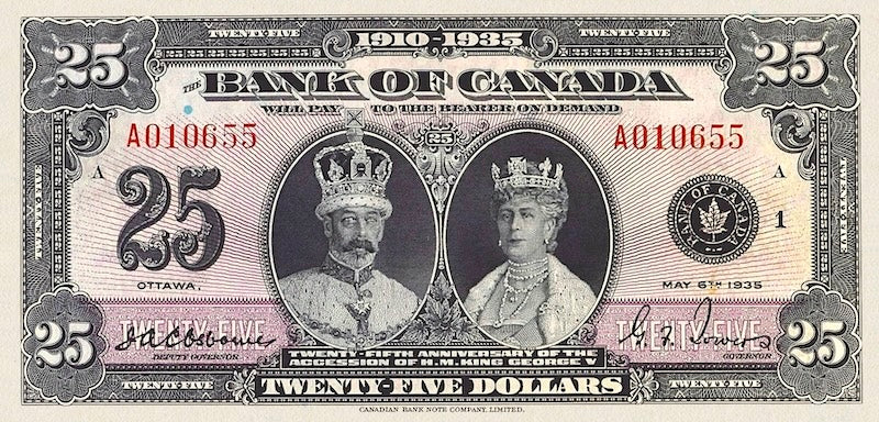Canada banknote, King George V, 25th Ascension Anniversary, $25 Dollars, 1935, Pick P-48, UNC