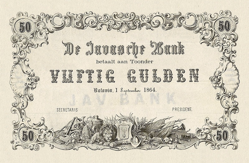 Netherlands Indies banknotes, Uang Kuno Belanda, 50 Gulden, Year 1864, P-48, UNC