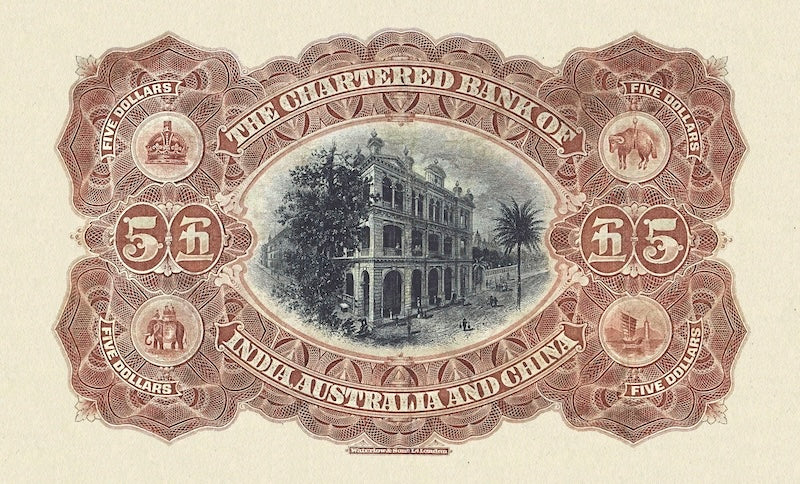 Hong Kong Chartered Bank of India, Australia & China banknote, $5 Dollars, 1923 - 1930, Pick P-48, UNC