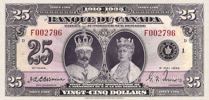 Canada banknote, King George V, 25th Ascension Anniversary, $25 Dollars, 1935, Pick P-49, UNC
