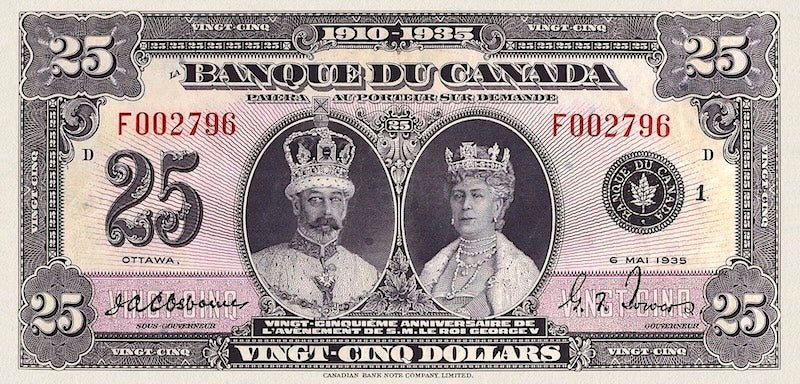 Canada banknotes, Banque du Canada French Series, $25 Dollars, 1935, Pick P-49, UNC