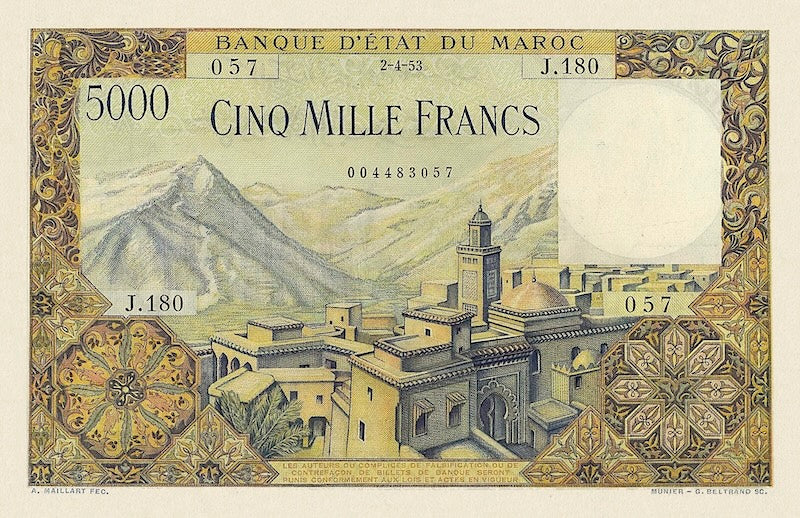Morocco banknote, Banque d'Etat Du Maroc, 5000 Francs, 1948, Pick P-49, UNC