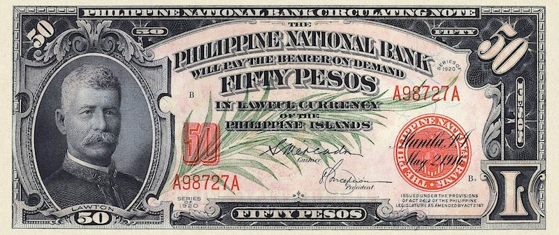 Philippines (United States) banknote, Philippine National Bank, 50 Pesos, 1916, Pick P-49, UNC