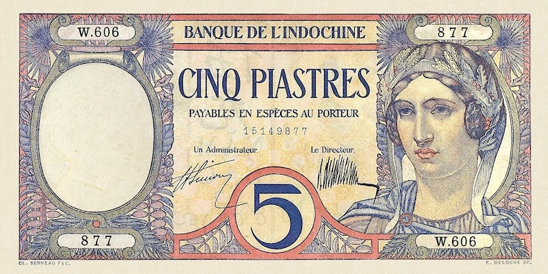 French Indo-China banknotes, Banque de l'Indochine, 5 Piastres, 1921, Pick P-49, UNC