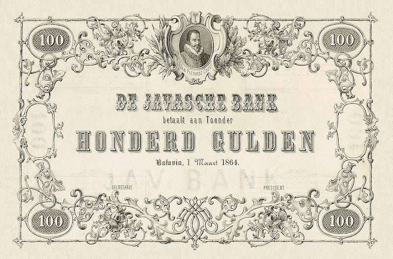 Netherlands Indies banknotes, Uang Kuno Belanda, 100 Gulden, Year 1864, P-49A, UNC