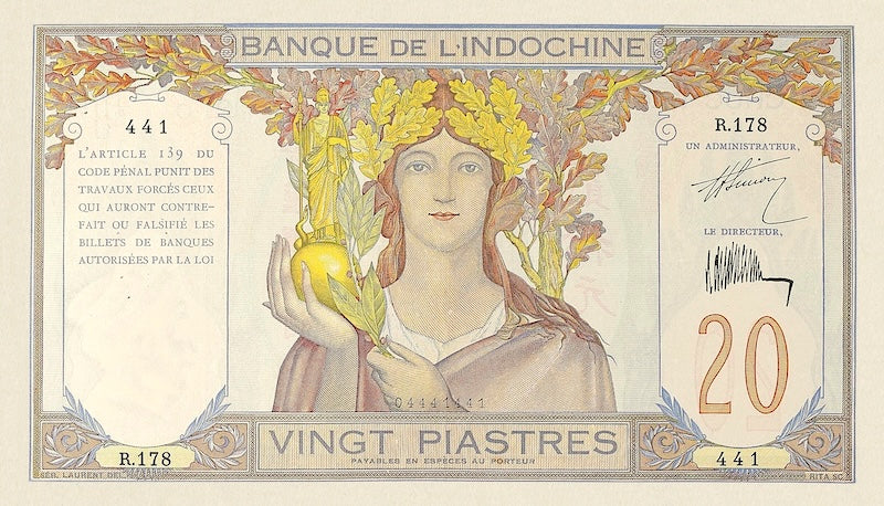 French Indo-China banknotes, Banque de l'Indochine, 20 Piastres, 1921, Pick P-50, UNC