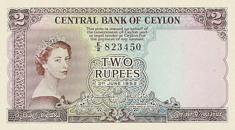 Ceylon banknotes, QEII, 2 Rupees, 1952, Pick P-50, UNC