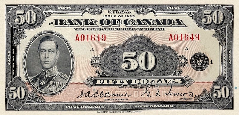 Canada banknotes, Bank of Canada English Series, $50 Dollars, 1935, Pick P-50, UNC