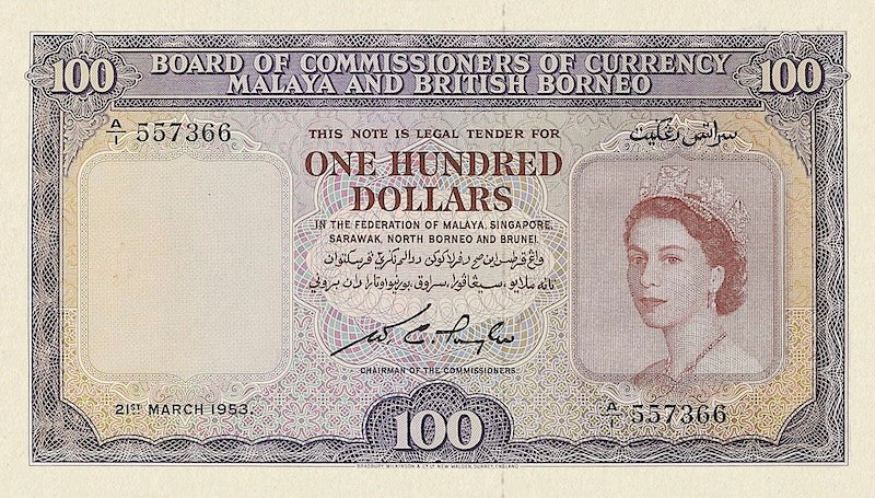 Malaya & British Borneo banknotes, Elizabeth II, $100 Dollars, 1953, Pick P-5, UNC