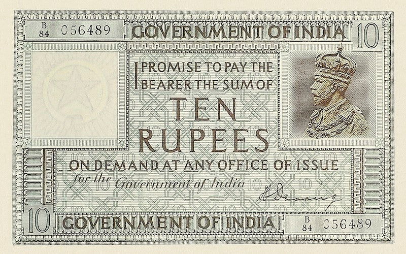 British India banknote, King George V, 10 Rupees, 1917, Pick P-5, UNC