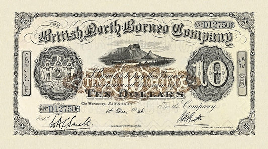 British North Borneo banknotes, $10 Dollars, 1886, Pick P-5, UNC