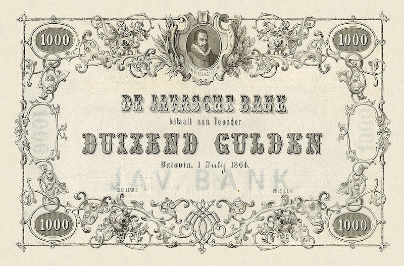 Netherlands Indies banknotes, Uang Kuno Belanda, 1000 Gulden, Year 1864, P-51, UNC