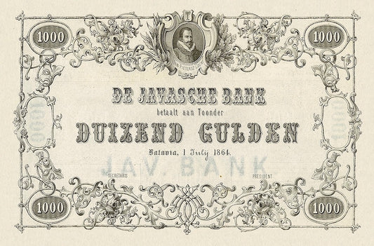 Netherlands Indies banknotes, Uang Kuno Belanda, 1000 Gulden, Year 1864, P-51, UNC