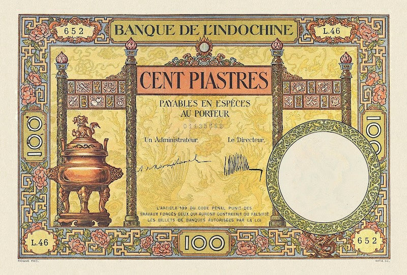 French Indo-China banknotes, Banque de l'Indochine, 100 Piastres, 1921, Pick P-51, UNC