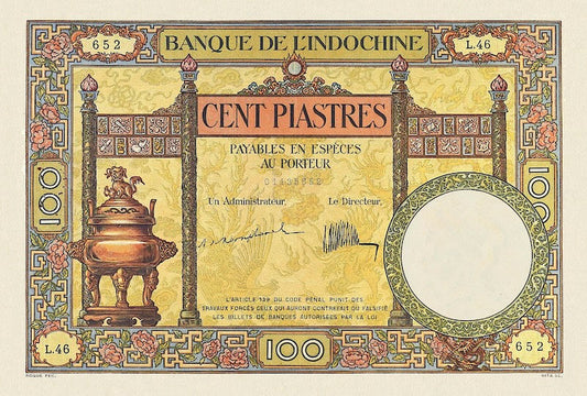 French Indo-China banknotes, Banque de l'Indochine, 100 Piastres, 1921, Pick P-51, UNC