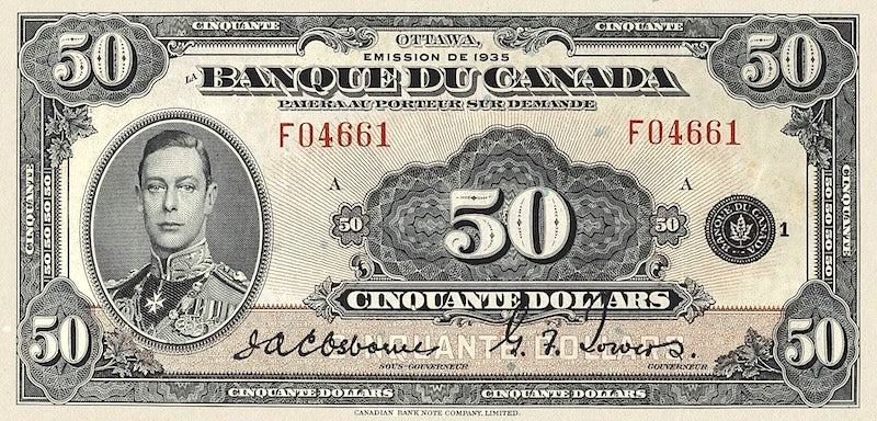 Canada banknotes, Banque du Canada French Series, $50 Dollars, 1935, Pick P-51, UNC