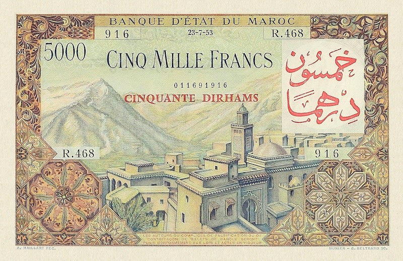 Morocco banknote, Provisional "Dirham Overprint" Issue, 50 Dirhams, 1953, Pick P-51, UNC