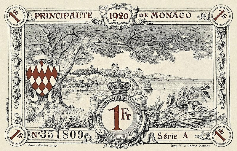 Monaco banknotes, Emergency Issue, 1 Franc, 1920, Pick P-5, UNC