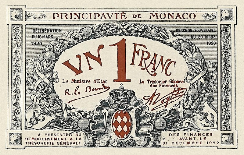 Monaco banknotes, Emergency Issue, 1 Franc, 1920, Pick P-5, UNC