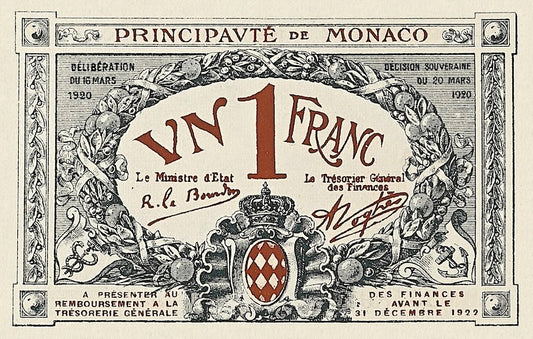 Monaco banknotes, Emergency Issue, 1 Franc, 1920, Pick P-5, UNC