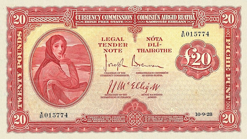 Ireland banknotes, Irish Free State (Saorstát Éireann), Lady Lavery Issue,  £20 Pounds, 1928, Pick  P-5, UNC