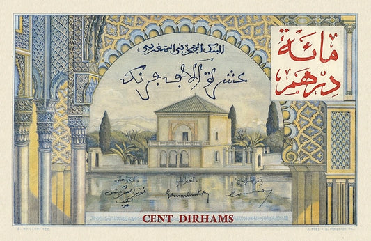 Morocco banknote, Provisional "Dirham Overprint" Issue, 100 Dirhams, 1953, Pick P-52, UNC