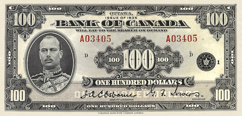 Canada banknotes, Bank of Canada English Series, $100 Dollars, 1935, Pick P-52, UNC