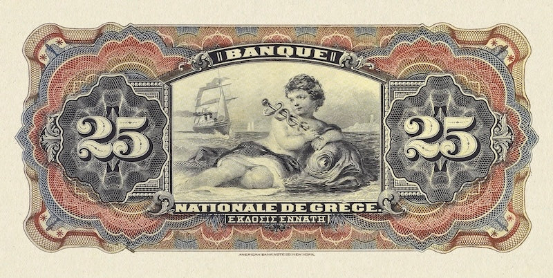 Greece banknotes, EΘNIKH TPAΠEZA THΣ EΛΛAΔOΣ, 25 Drachmai, 1905, Pick P-52, UNC