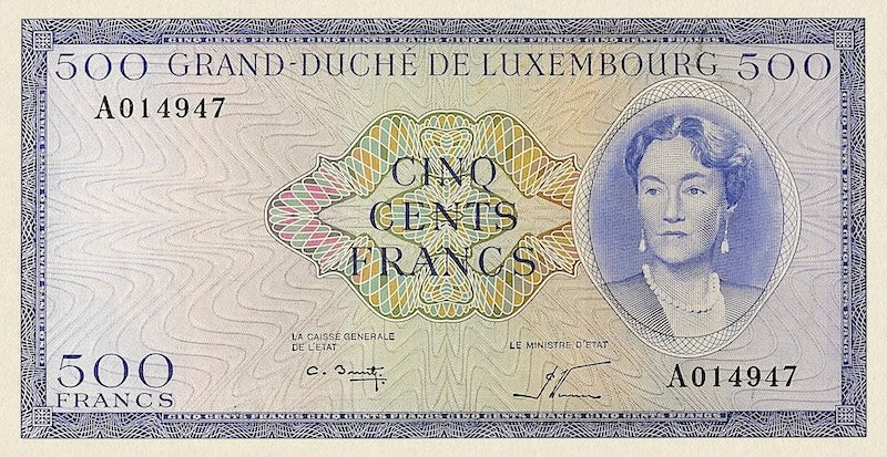 Luxembourg banknote, Grand Duchess Charlotte, 500 Francs, 1963, Pick P-52A, UNC