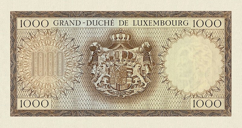 Luxembourg banknote, Grand Duchess Charlotte, 1000 Francs, 1963, Pick P-52B, UNC