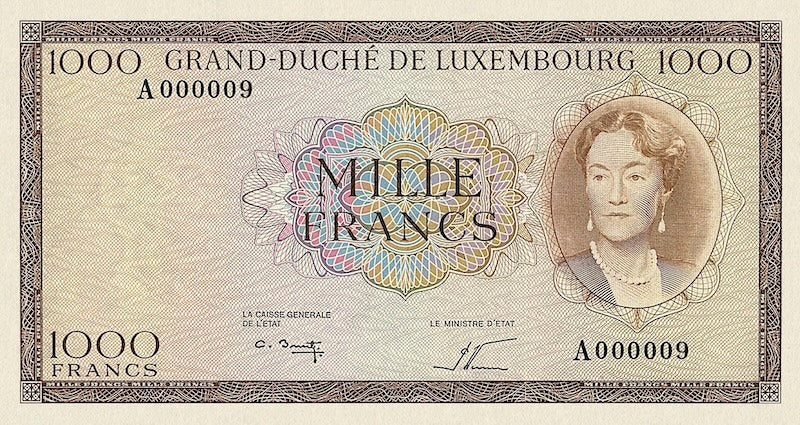 Luxembourg banknote, Grand Duchess Charlotte, 1000 Francs, 1963, Pick P-52B, UNC