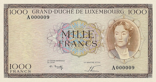 Luxembourg banknote, Grand Duchess Charlotte, 1000 Francs, 1963, Pick P-52B, UNC