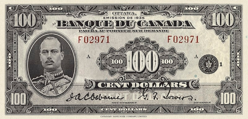 Canada banknotes, Banque du Canada French Series, $100 Dollars, 1935, Pick P-53, UNC
